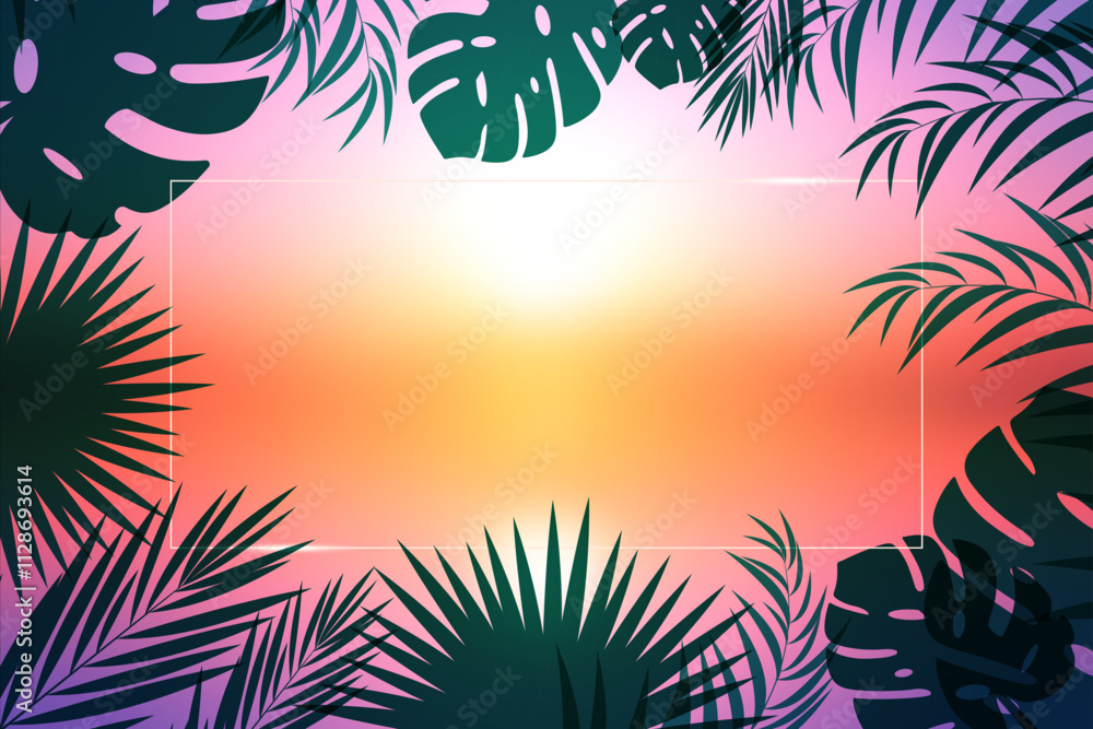 Poster tropical vector background with palm leaves and with rectangle frame. jungle frame background. tropi