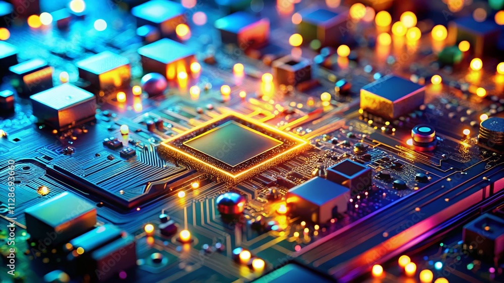 Poster captivating close-up of a computer circuit board with bokeh effect, showcasing intricate details and