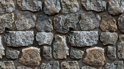 A close up of a stone wall with various shapes and sizes of stones.
