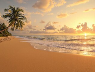 A deserted sandy tropical beach at sunset with a lone coconut tree on the shore and a warm golden light casting across the waves, tree, tranquility, serene.