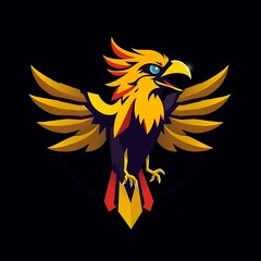 Obraz premium Golden Eagle Mascot Logo: A fierce and powerful golden eagle with outstretched wings, set against a dark backdrop, symbolizes strength, leadership, and victory. Perfect for gaming, esports.