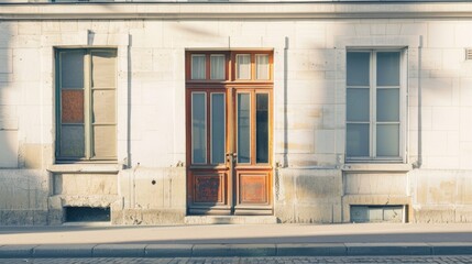 Parisian elegance, contemporary minimalist building, complete wall with windows and doors, warm sunlight, tranquil afternoon, no people around.