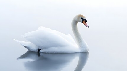A serene swan gazing into the camera gliding gracefully on a calm lake at sunrise.
