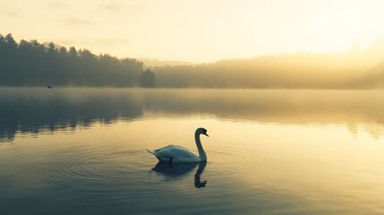 A serene swan gazing into the camera gliding gracefully on a calm lake at sunrise.