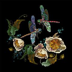 Yellow peonies flowers and dragonflies. Embroidery floral style. Fashion summer garden template for clothes, t-shirt design