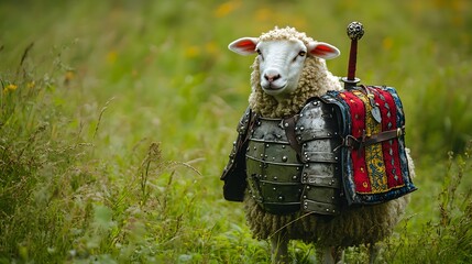 A sheep wearing a knights armor and a tiny sword attached to its back in a lush field.