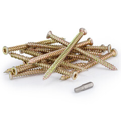 Pile of Zinc-Plated Wood Screws with Torx Bit on White Background