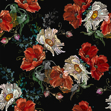 Red roses and white chamomile flowers. Embroidery art style. Fashion summer floral template for clothes, t-shirt design. Seamless pattern