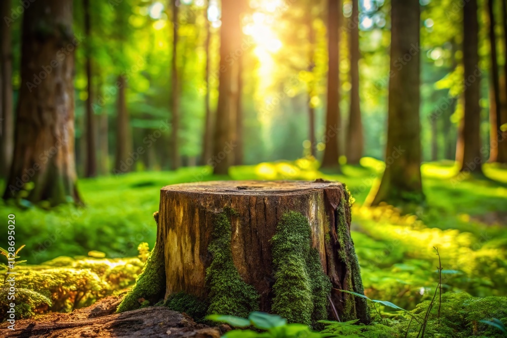 Poster captivating close-up of a tree stump with an empty timber surface ideal for displaying natural textu