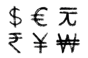 Hand drawn multiple currencies symbol set Dollar euro yuan yen won rupee