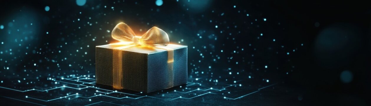 A beautiful gift box adorned with a golden ribbon, surrounded by glowing particles.