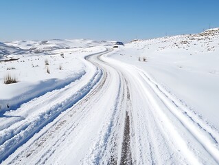 Car following a snowy mountain road with tire tracks in the snow