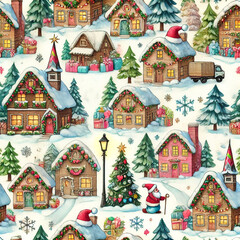 Watercolor Christmas seamless template depicting a charming winter village in bright colors.