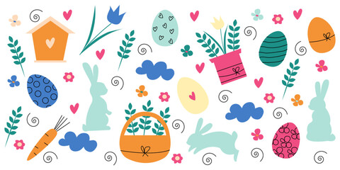 Cute Easter vector set. Spring collection of easter rabbit, flowers and decorations. For poster, card, scrapbooking , stickers