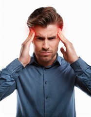 Naklejka premium Headache concept. Young man showing how much his head hurts, experiencing pain isolated in white