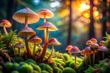 Fototapeta premium Captivating Close-Up of Vibrant Mushrooms in a Lush Forest Setting Showcasing Intricate Details and Natural Beauty in Macro Photography for Nature Lovers and Enthusiasts