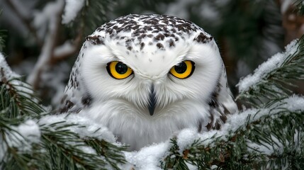A snowy owl locking its piercing yellow eyes with the camera perched on a frosty branch.