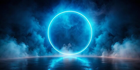 A luminous blue circle, a beacon of light, pierces through the swirling haze, casting an ethereal glow on the reflective surface below.