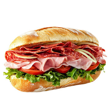 Submarine sandwich with ham salami lettuce tomatoes and onion on white background long subway sandwich with lots of meat and vegetables fast food delicious sandwich loaded with salami ham tomato