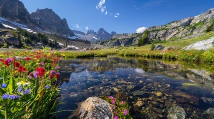 High-end photography of a hidden alpine meadow with colorful wildflowers, a clear stream, and mountain views