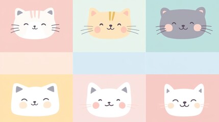 Six Adorable Cartoon Cat Faces Pastel Colors