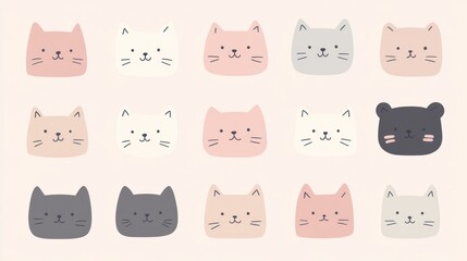Adorable Cartoon Cats Faces Displayed in Rows