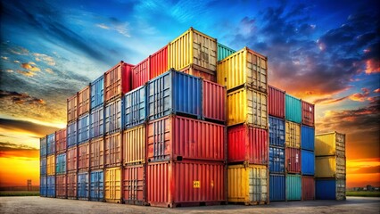 Fototapeta premium A symphony of colorful shipping containers arranged in a towering structure, bathed in the soft glow of a vibrant sunset.