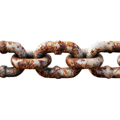 Fototapeta premium Rusty Metal Chain Links Isolated on White Background Corrosion Decay Old Aged Strength Connection Industrial Concept Heavy Duty weathered grunge vintage antique abstract grungy textured backdrop
