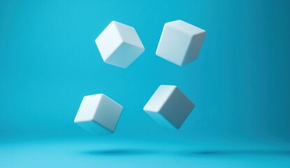 Four white cubes levitate against a light blue background.