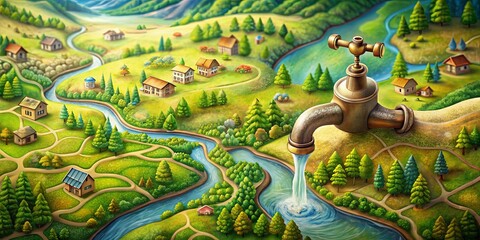 Obraz premium A Rustic Faucet Spilling Life into a Lush Valley, A Water Source for a Vibrant Ecosystem