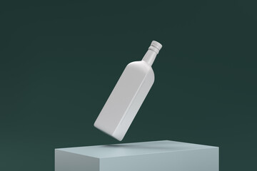 A bottle of alcohol is shown in mid-air, with its cap still on