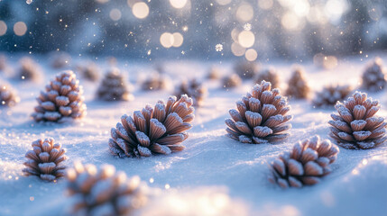 松ぼっくりの冬景色(横) Winter view of pine cones  Generative AI