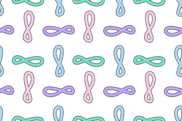 Playful seamless pattern featuring pastel infinity symbols in various colors on a white background.