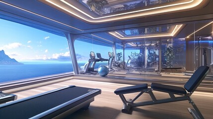 Luxury yacht gym with ocean view, modern equipment.