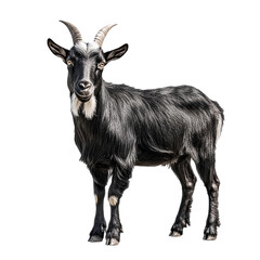 Fototapeta premium Black Goat Standing Isolated on White Background farm animal livestock agriculture mammal domestic goat billy goat horns furry farming countryside nature wildlife zoology male animal husbandry pet