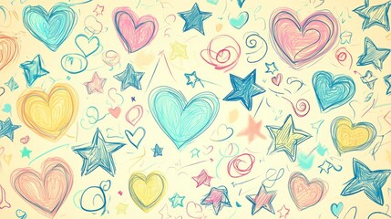 Fototapeta premium Colorful Hand Drawn Hearts and Stars Pattern