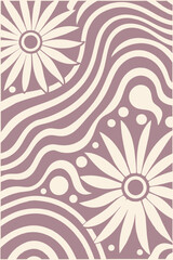 Fototapeta premium Purple vintage background features stylized flowers and wavy stripes, evoking a retro aesthetic perfect for design projects seeking a touch of nostalgia
