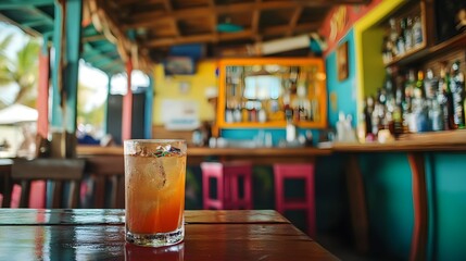 A vibrant Caribbean beach bar with reggae music playing and colorful decor.