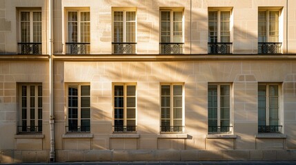 Fototapeta premium Parisian elegance, modern architecture, facing a wall with windows and doors, sunny afternoon light, peaceful atmosphere, no people present.
