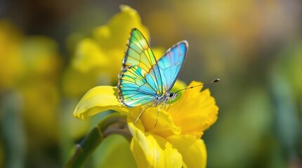 A single butterfly sitting on a bright yellow daffodil, sunny day, daffodils, bright yellow