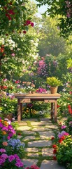 A simple wooden desk set amidst a lush summer garden filled with vibrant flowers and colorful plants, whimsical decor., botanical garden, vibrant colors