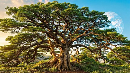 Fototapeta premium A stunning image of a full-grown tree with sprawling branches stretching towards the sky as Earth rises above it, branch growth, Tree branches rising, forest scenery