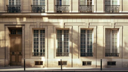 Fototapeta premium Parisian elegance, modern building, full wall with windows and doors, sunny afternoon light, serene urban scene, no people visible.