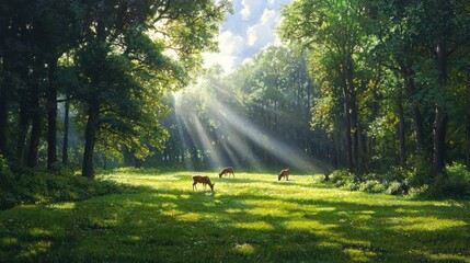 Deer grazing peacefully sunlit meadow nature scene idyllic environment tranquil viewpoint serenity concept