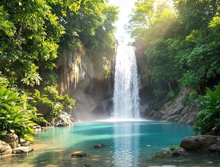 Fototapeta premium A tranquil oasis with a pristine waterfall and emerald-green foliage, purity, calm, zen, foliage, untouched