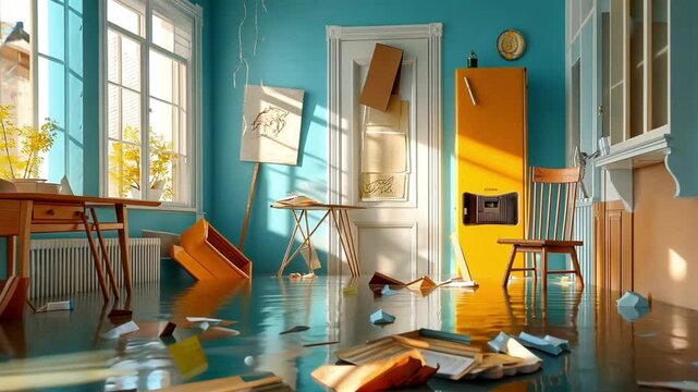Flooded kitchen with debris scattered on the floor.