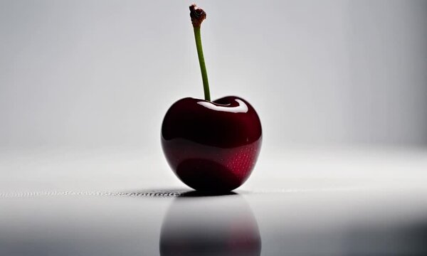 A single red cherry resting on a white surface, isolated against a white background