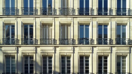 Obraz premium Parisian elegance, modern building, full wall with windows and doors, sunny afternoon light, serene urban scene, no people visible.