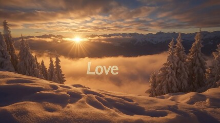 Snowy mountaintop sunset with "Love" text overlay.