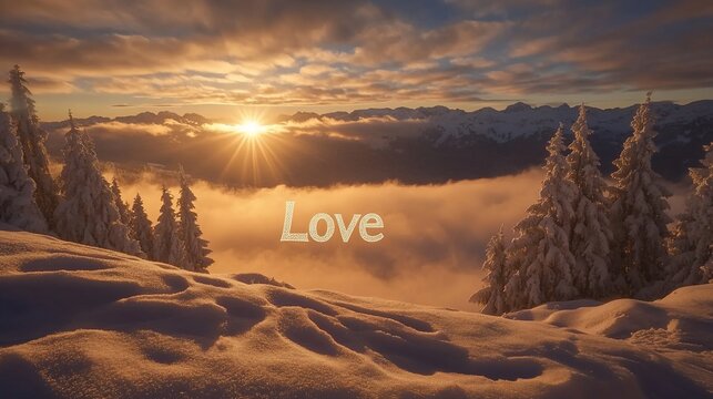 Snowy mountaintop sunset with "Love" text overlay.